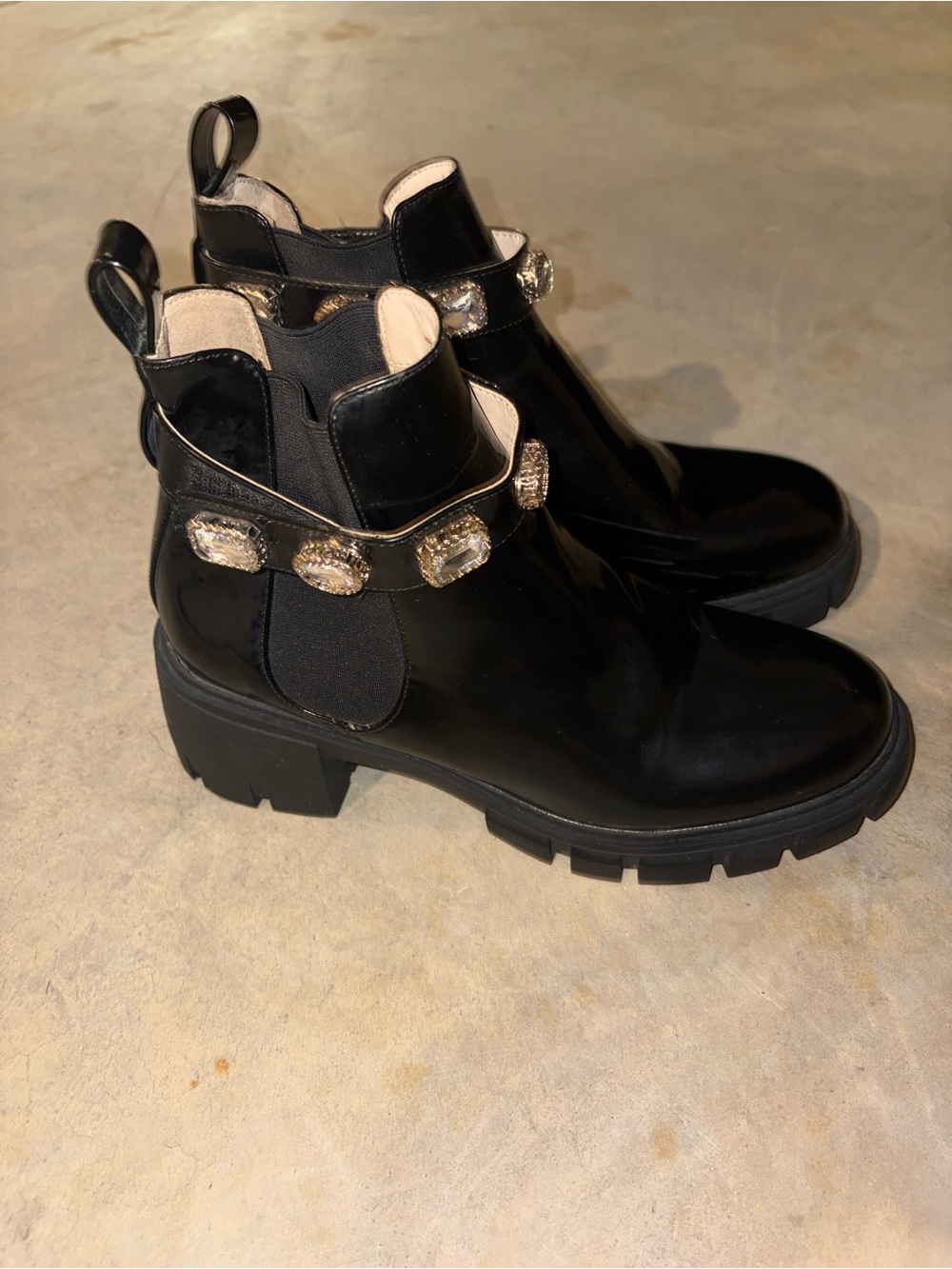 Steve Madden Black Patent Chelsea Boots with Crystal Strap